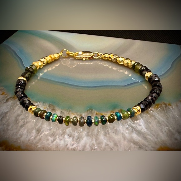 Black Welo Opal, Tourmaline,Pyrite 18kt Gold Vermeil Bracelet - Picture 3 of 8